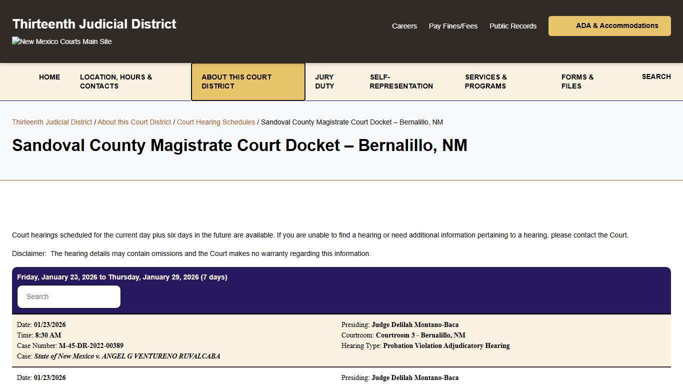 Sandoval County Magistrate Court Docket - Bernalillo, NM - Thirteenth Judicial District